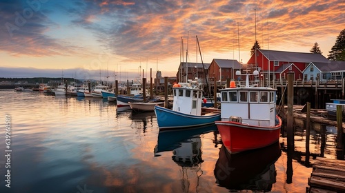 Rustic fishing boats lining the serene harbor waters