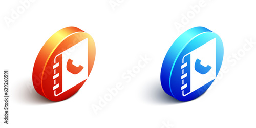 Isometric Phone book icon isolated on white background. Address book. Telephone directory. Orange and blue circle button. Vector