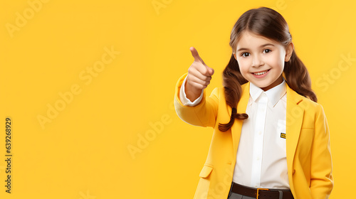 Cheerful happy young small schoolgirl points up with her index finger and standing in front of isolated yellow background.Created with Generative AI technology.