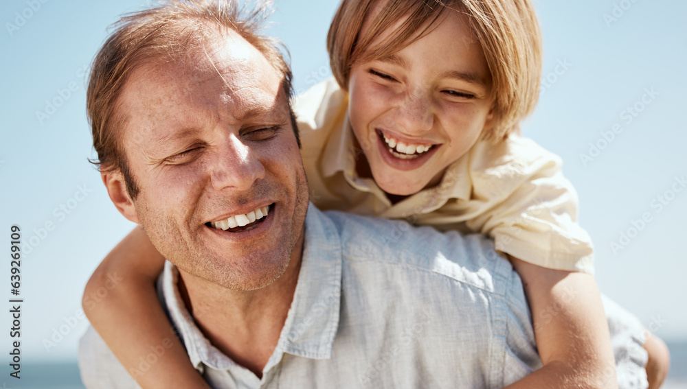 Happy father, child and laughing in piggyback, family bonding or outdoor weekend on holiday or summer break. Dad and son in hug, love or care for embrace, childhood or enjoying day together in nature Happy father, child and laughing in piggyback, family bonding or outdoor weekend on holiday or summer break. Dad and son in hug, love or care for embrace, childhood or enjoying day together in nature