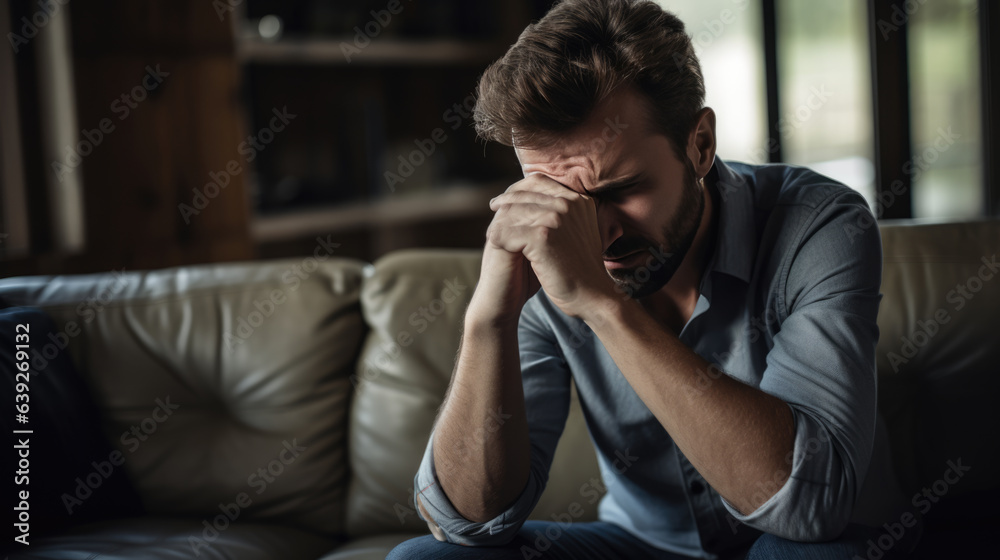 Man Suffering From Depression Sitting On Sofa In Pajamas Man Suffering From Depression Sitting On Sofa In Pajamas