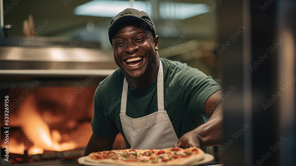 An African American male chef holds a finished pizza from the oven.