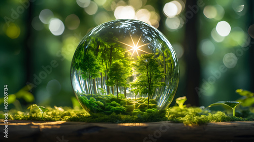Glass globe in green forest with the icon environment of ESG, co2, circular company, and net zero.Technology Environment, society, and governance for sustainable business on green company Concept