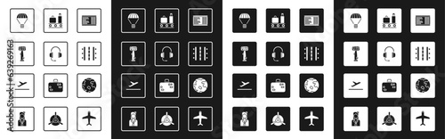 Set Airport board, Headphones with microphone, Aircraft steering helm, Box flying parachute, runway, conveyor belt suitcase, Worldwide and Plane takeoff icon. Vector