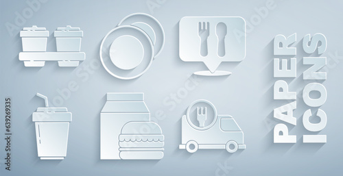 Set Online ordering and burger delivery, Cafe restaurant location, Coffee cup to go, Fast by car, Plate and icon. Vector