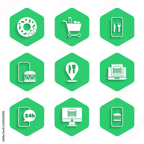 Set Cafe and restaurant location, Online ordering delivery, burger, Food, and Donut icon. Vector
