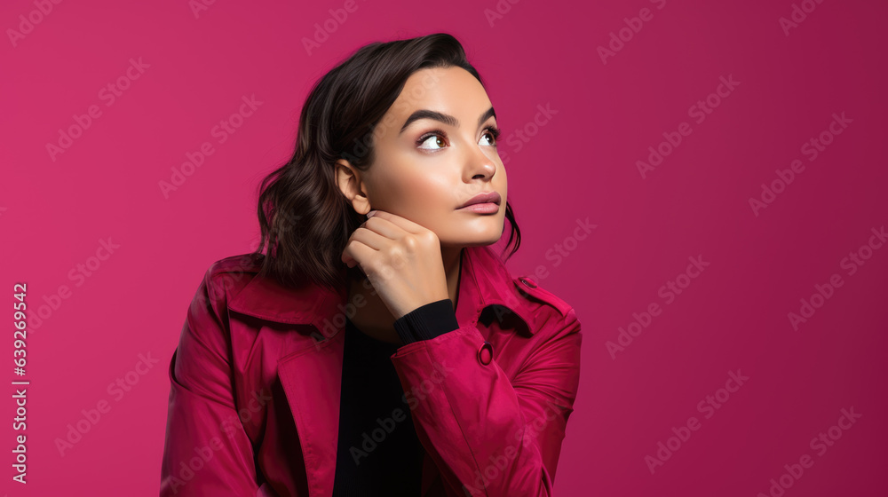 Young thoughtful woman on pink background looking away. Young thoughtful woman on pink background looking away.