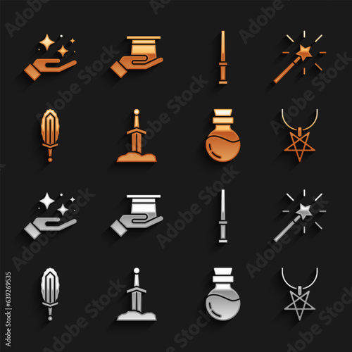 Set Sword in the stone, Magic wand, Pentagram necklace, Bottle with potion, sword fire, Sparkle stars magic trick and Magician hat hand icon. Vector