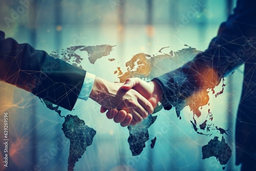 Two businessmen have handshake theirs hands as a sign of cooperation in working together to expand their digital business internationally.