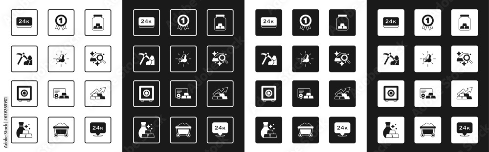 Set Gold bars, nugget, mining, 24k, Medal, Growth arrow with gold and Safe icon. Vector Set Gold bars, nugget, mining, 24k, Medal, Growth arrow with gold and Safe icon. Vector