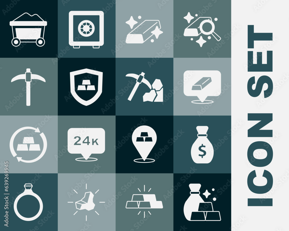 Set Bag of gold bars, Old money bag, Gold, with shield, Pickaxe, Mine cart and mining icon. Vector Set Bag of gold bars, Old money bag, Gold, with shield, Pickaxe, Mine cart and mining icon. Vector