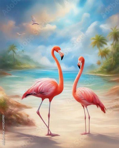 Flamingos on the beach. Generative AI.