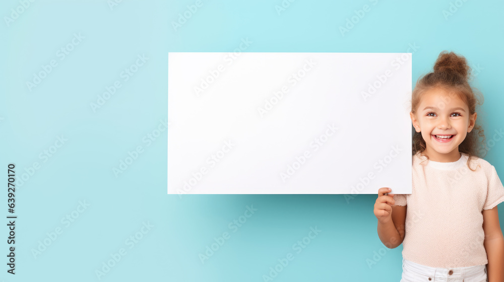 Little girl holding paper white billboard with copyspace on blue background.Created with Generative AI technology. Little girl holding paper white billboard with copyspace on blue background.Created with Generative AI technology.