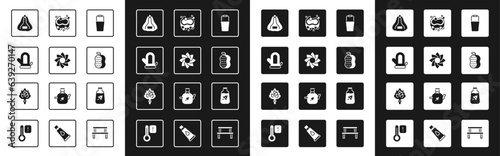 Set Sauna bucket, Flower, mitten, hat, Washcloth, Bar of soap, Essential oil bottle and broom icon. Vector