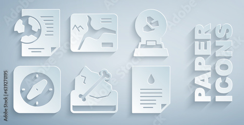 Set Archeology, Exhibition with minerals, rocks, Compass, Oil drop document, Topographic map and Earth globe icon. Vector