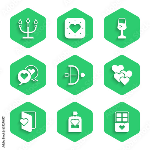 Set Bow and arrow, Perfume, Chocolate bar, Heart, Valentines day flyer, speech bubble, Glass of champagne and Candlestick icon. Vector