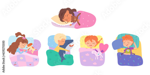 Kids sleep set, home beds with boys and girls sleeping in bedtime on pillow under blanket