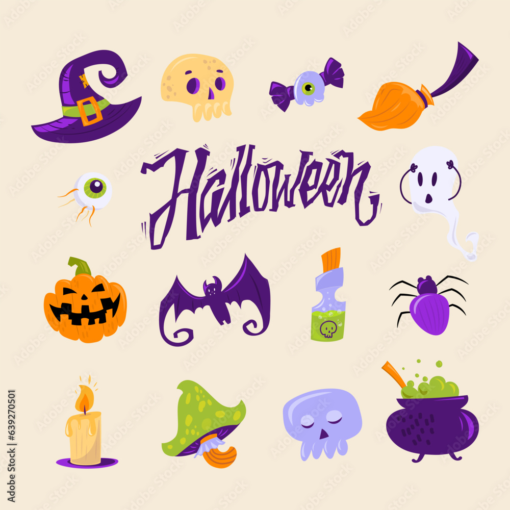 Fototapeta premium Set of Halloween mascots. Ghost, pumpkin, poison, skull, candle, bat, spider, witch hat, flying eye, mushroom, acid, candy. Festive lettering inscription