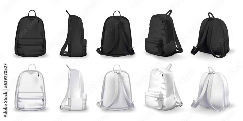 Black and white backpacks design front, back, side and isometric view