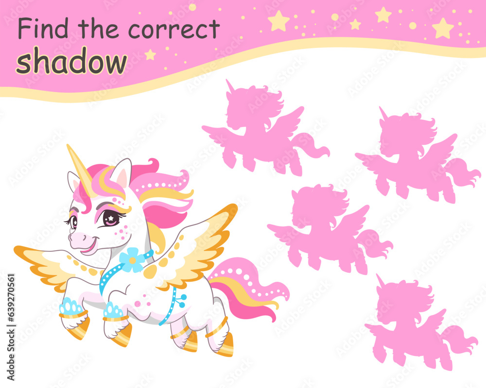 Find correct shadow flying unicorn pink vector