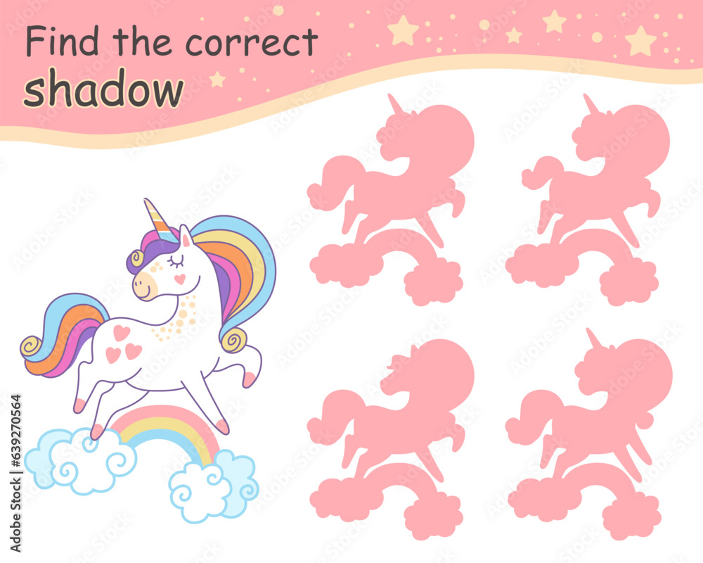 Find correct shadow white funny unicorn vector
