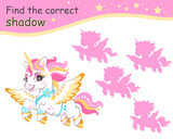 Find correct shadow flying unicorn pink vector