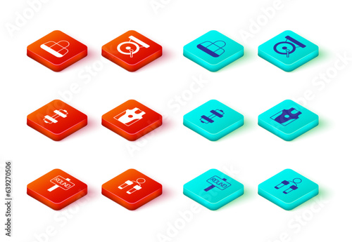 Set Boxing ring board, Jump rope, Dumbbell, jersey and t-shirt, gong and Sport bag icon. Vector