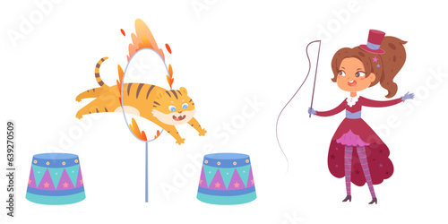 Circus performance of tiger jumping through ring with fire and trainer vector illustration. Cartoon isolated portraits of cute girl tamer in vintage tuxedo holding whip to train animal to jump