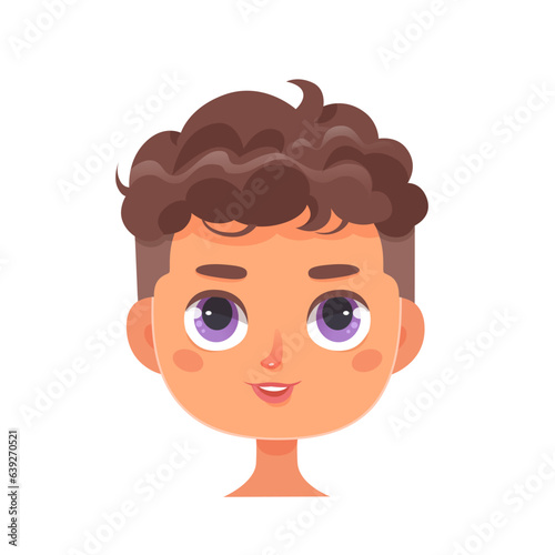 Boy face portrait vector illustration. Cartoon isolated profile avatar with cute male head, brunette with violet eyes and curly androgen hairstyle on short brown hair, pretty teen character