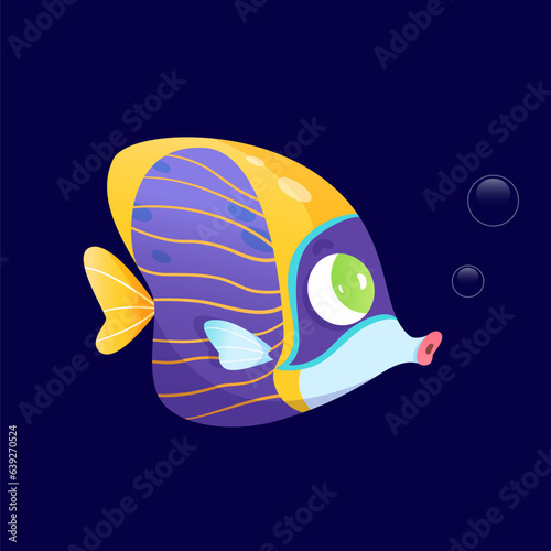 Angel fish, baby emperor angelfish character on dark blue background of sea water