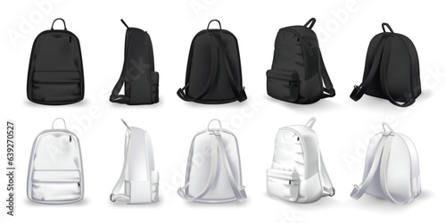 Black and white backpacks design front, back, side and isometric view set. College or school rucksack mockup vector illustration. Realistic youth pack of fabric for study or sport isolated on white