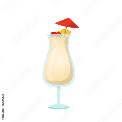 Cocktail Pina Colada in glass vector illustration. Cartoon isolated cup with white summer alcohol drink with umbrella and ice cubes, tropical fresh beverage for beach pool party in bar