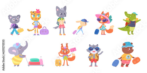 Animals with baggage travel set, funny happy characters with luggage, bags and suitcases