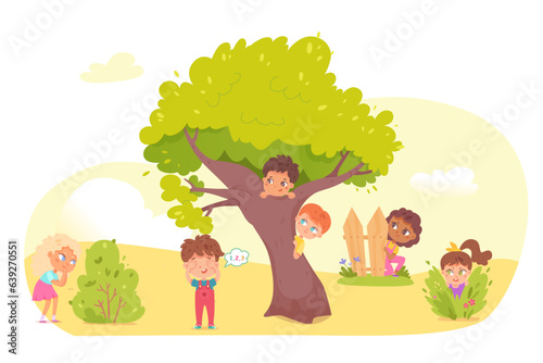 Little kids playing hide and seek in park. Playing game with friends outdoor in summer vacations vector illustration. Boy counting, boys hiding begind tree, girl running to hide