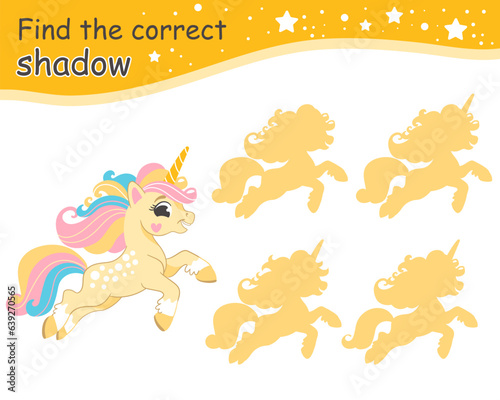 Find correct shadow yellow funny unicorn vector