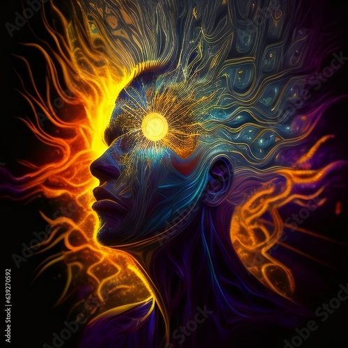 Fractal illustration of a male face with an energy flow in it.