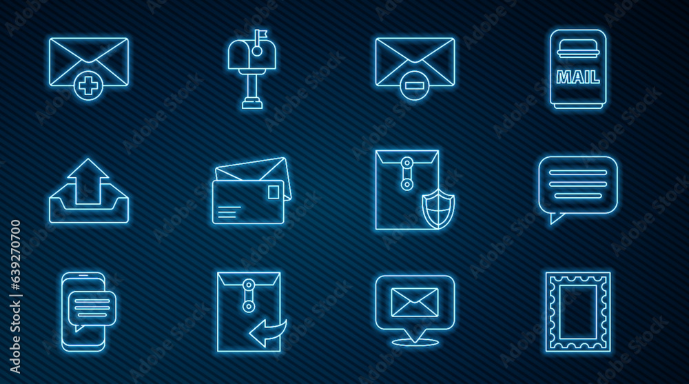 Set line Postal stamp, Speech bubble chat, Delete envelope, Envelope, Upload inbox, Received message concept, with shield and Mail icon. Vector Set line Postal stamp, Speech bubble chat, Delete envelope, Envelope, Upload inbox, Received message concept, with shield and Mail icon. Vector