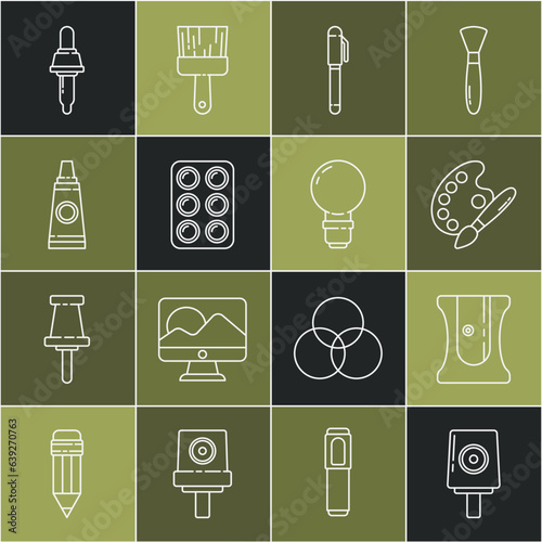 Set line Spray can nozzle cap, Pencil sharpener, Paint brush with palette, Watercolor paints box, Tube, Pipette and Light bulb icon. Vector