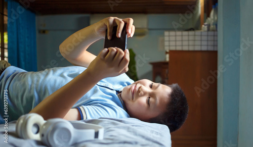 Happy Asian kid boy playing with smartphone lying on a cozy bed in a room at home