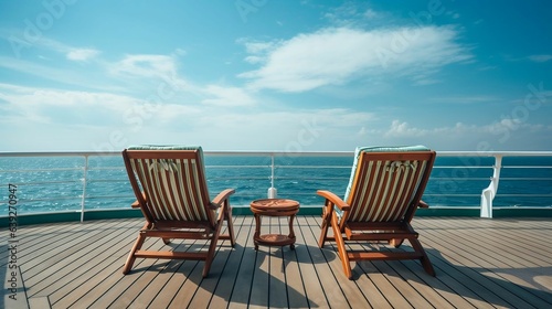 Deck chairs overlooking endless ocean during tranquil voyage  © Halim Karya Art