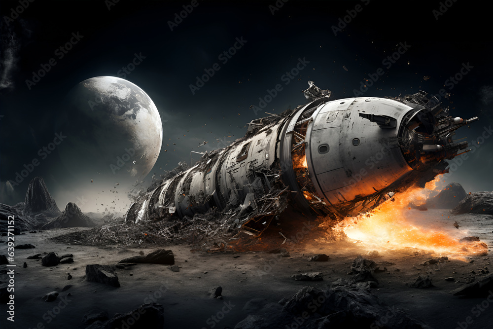 Spaceship or satellite crash on Moon or uninhabited Planet. Failed ...