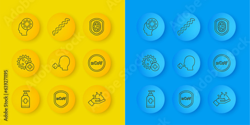 Set line Bottle of liquid antibacterial soap, Positive virus, Man coughing, Washing hands with, Corona 2019-nCoV, Human, Shield protecting from and Virus icon. Vector