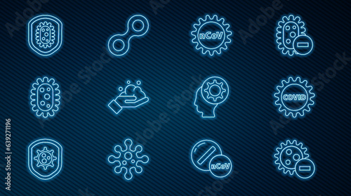 Set line Negative virus, Corona covid-19, 2019-nCoV, Washing hands with soap, Virus, Shield protecting from, Human and icon. Vector