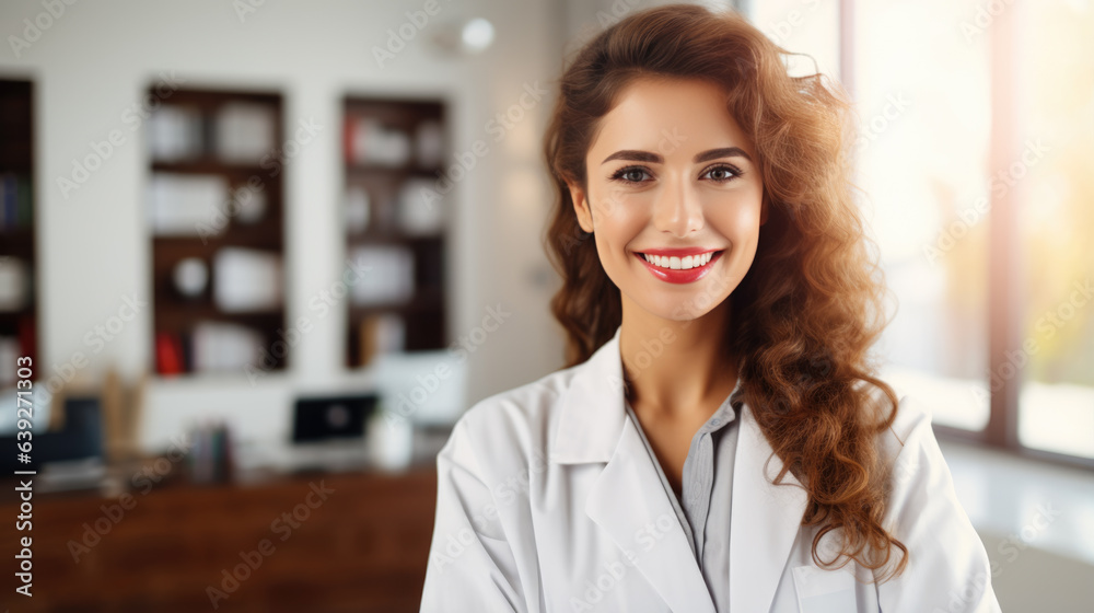 Portrait of beautiful woman doctor looking at camera at blurred hospital background. Portrait of beautiful woman doctor looking at camera at blurred hospital background.