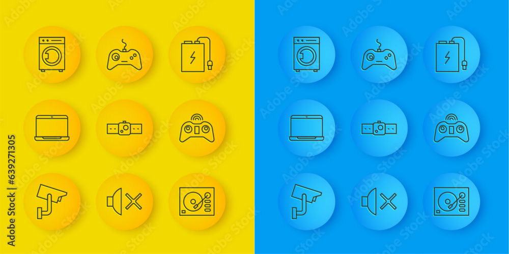 Set line Security camera, Laptop, Smartwatch, Vinyl player, Wireless gamepad, Washer, Power bank with charge cable and Gamepad icon. Vector Set line Security camera, Laptop, Smartwatch, Vinyl player, Wireless gamepad, Washer, Power bank with charge cable and Gamepad icon. Vector