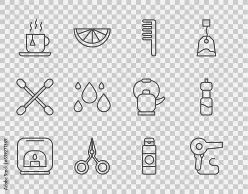 Set line Aroma lamp, Hair dryer, Hairbrush, Scissors, Cup of tea with tea bag, Water drop, Cream lotion cosmetic tube and Bottle water icon. Vector