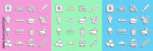 Set line Grilled shish kebab, Fast street food cart, Cocktail, Candy, Bread loaf, Ice cream in waffle cone, Hard bread chucks crackers and Rice bowl with chopstick icon. Vector
