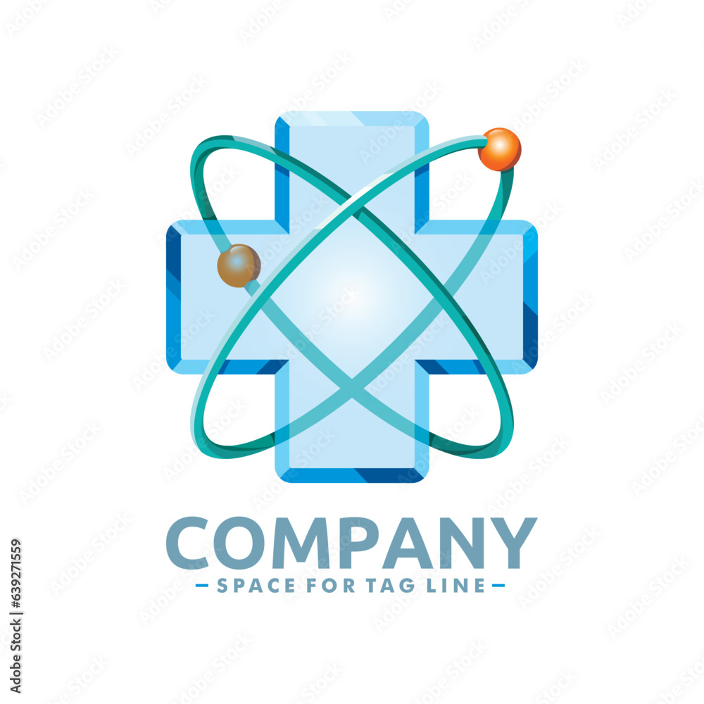 Atomic structure in the shape of plus sign with rotating electrons to portray a medical science expression vector logo Atomic structure in the shape of plus sign with rotating electrons to portray a medical science expression vector logo