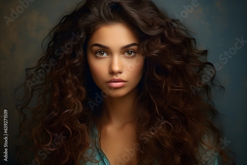 female portrait of a beautiful young girl with long brown curly hair, healthy hair concept, hair care, curls. AI generated