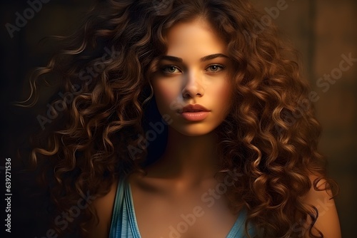 female portrait of a beautiful young girl with long brown curly hair, healthy hair concept, hair care, curls. AI generated